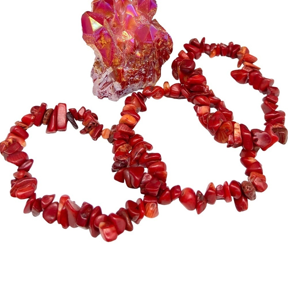 Red Coral Branch Stick Gemstone Chips Beaded Stretch Bracelet Natural Stone - Picture 2 of 4